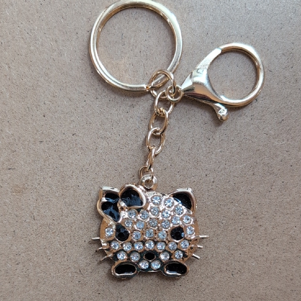 Gold Kitty Cat Rhinestone Keychain Bag Charm